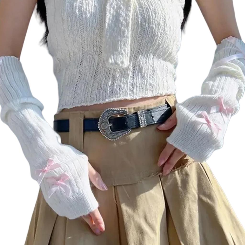 Y2K Mote Armvarmere Strikkede Sløyfehansker for Kvinner og Jenter Halvfinger Votter Ensfarget Tykke Armermer