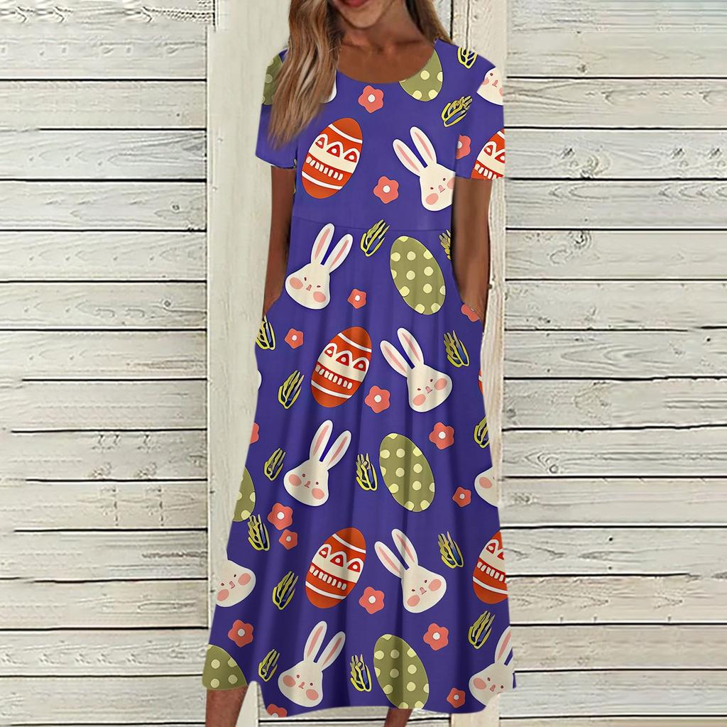 Women's Summer Casual Fashion Easter Printed Short Sleeve Round Neck Pocket Dress