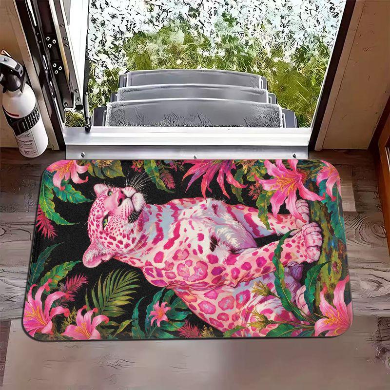 VIKAMA Bright Yellow Tropical Jungle Pink Leopard Flower Entrance Doormat Foyer Bathroom Entrance Home Carpet Home Decoration