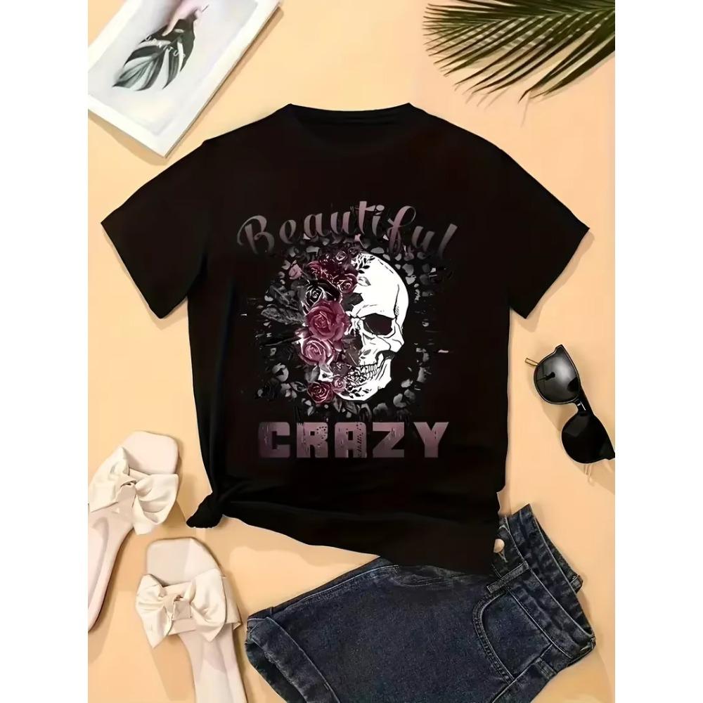 Skull Letter Print T-shirt Casual Crew Neck Short Sleeve T-shirt Women's Clothing Casual Loose Fashion Summer T-Shirts Tops