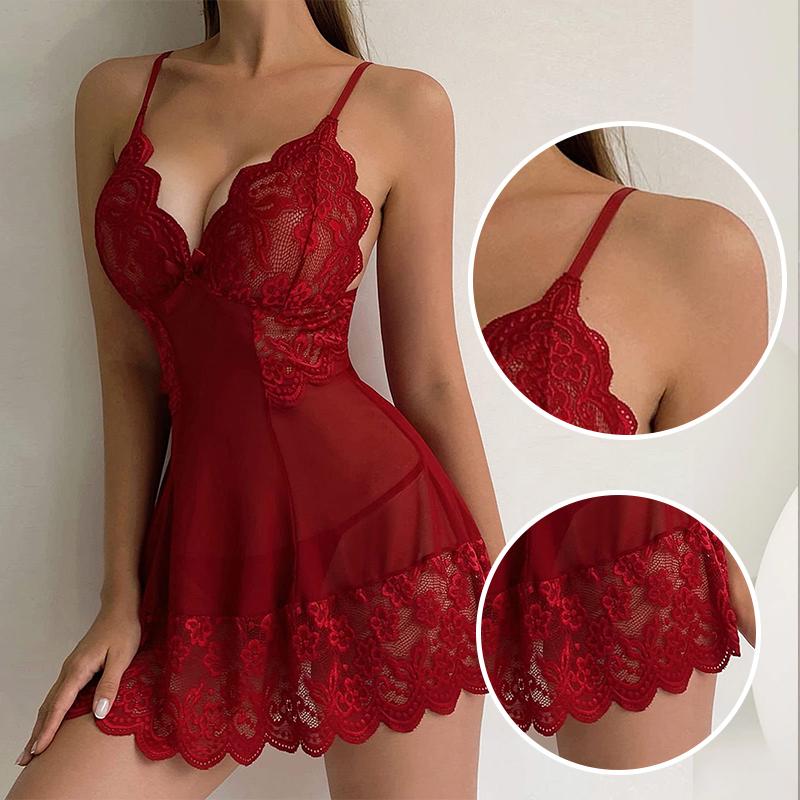 Women's Plus Size Lace Tight Fitting Clothes Sexy Transparent Pajamas Flower Lace Sheer Dress Sexy Mesh Fabric Dress Pajamas