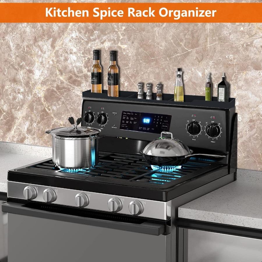 Stove Top Shelf 30 Inch Silicone Material Magnetic Shelf for the Stove 3 Functional Partitions Kitchen Spice Rack Organizer Bla