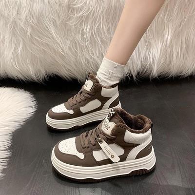Mode High Top Warme Dicksohlige Board Schuhe 2024 Winter Lässig Color Block Samt Sport Vulkanisierte Damen Schuhe Plateau Sneaker
