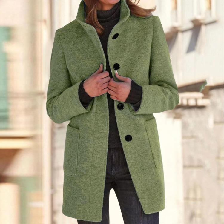 Women's Casual Solid Color Woolen Jacket with Collar and Pocket Long Sleeve Button Up Coat