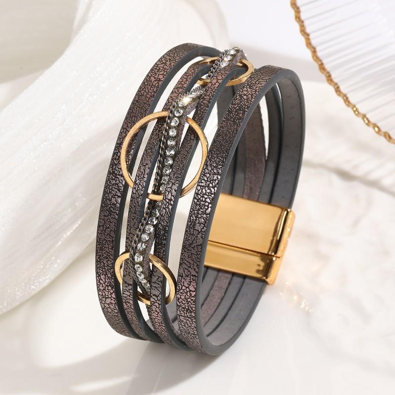 Boho Style Layered Circle PU Leather Bracelet With Alloy Chain Rhinestone Accents Women