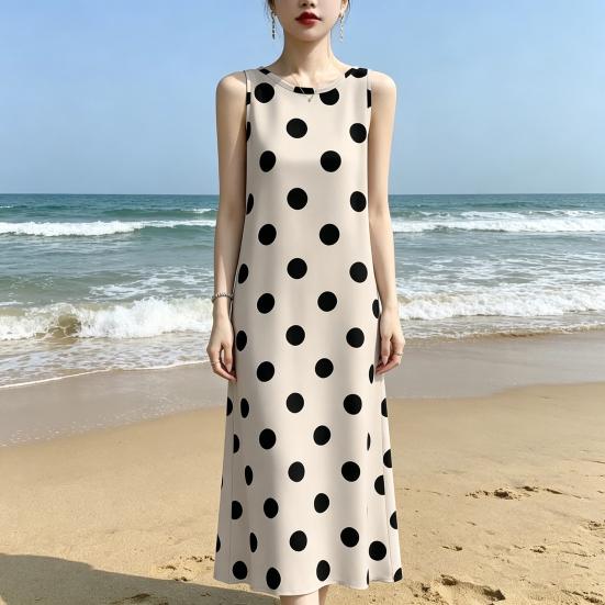 Summer Polka Dots Tank Dress for Women Casual Crew Neck Beach Vacation Sundress Loose Sleeveless Midi Dress