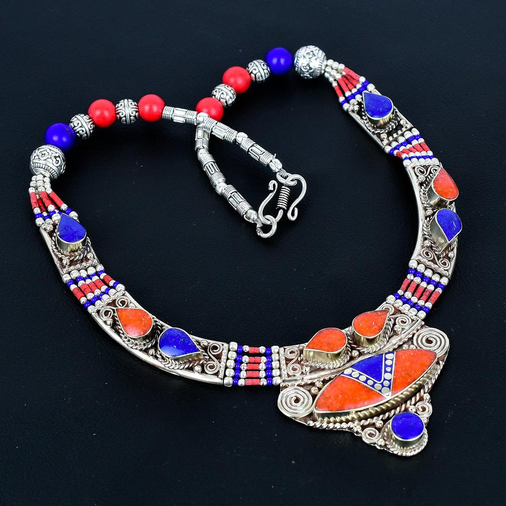 Lapis Lazuli, Coral 925 Sterling Silver Necklace Tibetan Silver Necklace Bohemian Antique Necklace Handmade Jewelry Nepali Necklace Gift For Wife