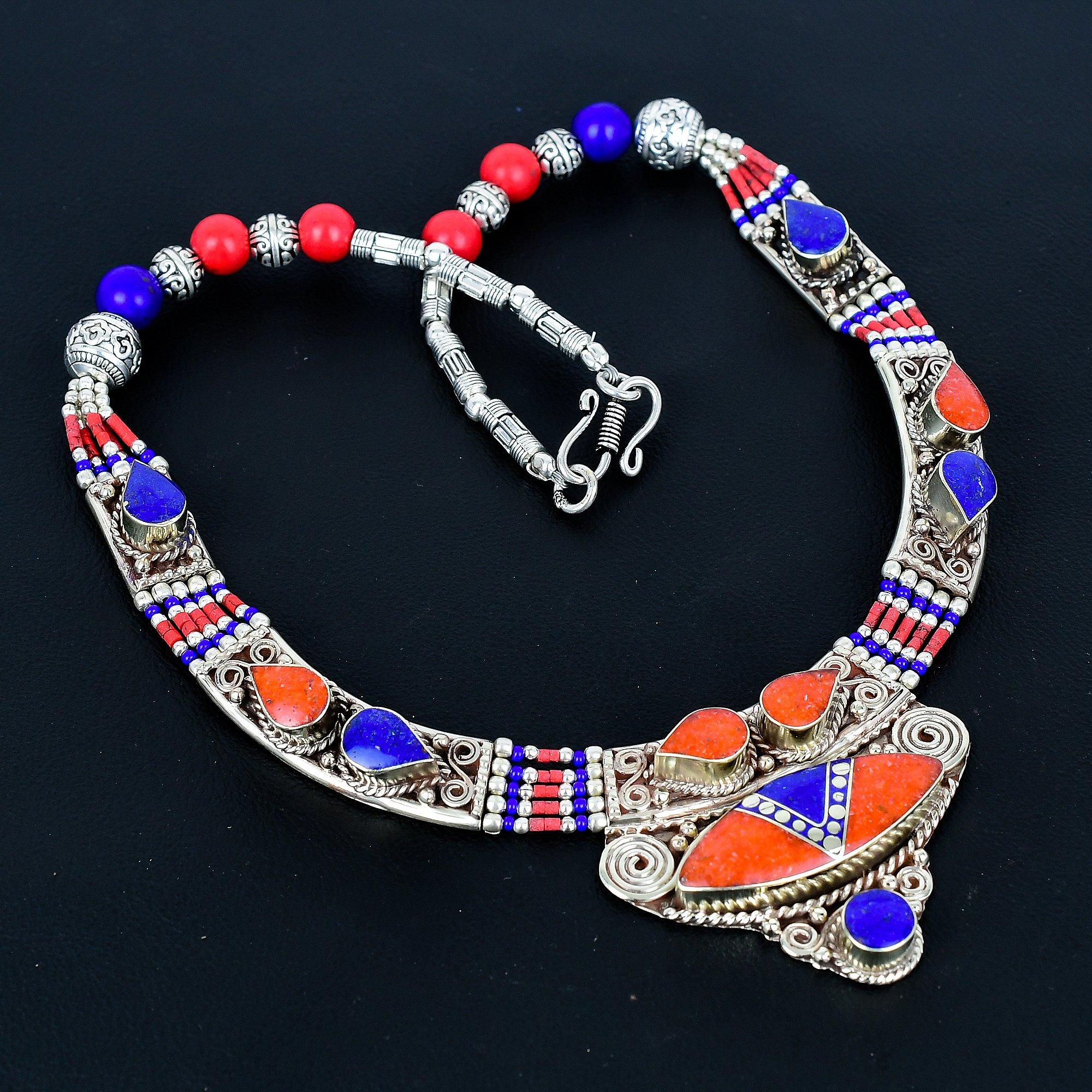 

Lapis lazuli, Coral 925 Sterling Silver Necklace Tibetan Silver Necklace Bohemian Antique Necklace Handmade Jewelry Nepali Necklace Gift For Wife 20 красный