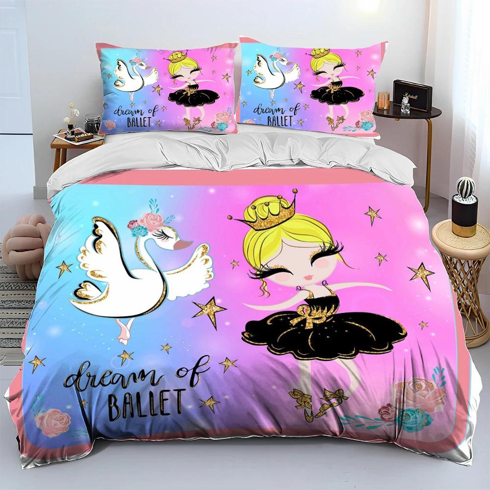 3D Printed Beautiful Swan and Ballet Girls Duvet Cover Set with Pillow Case, Cartoon Comforter Covers for Boys Girls and Zipper