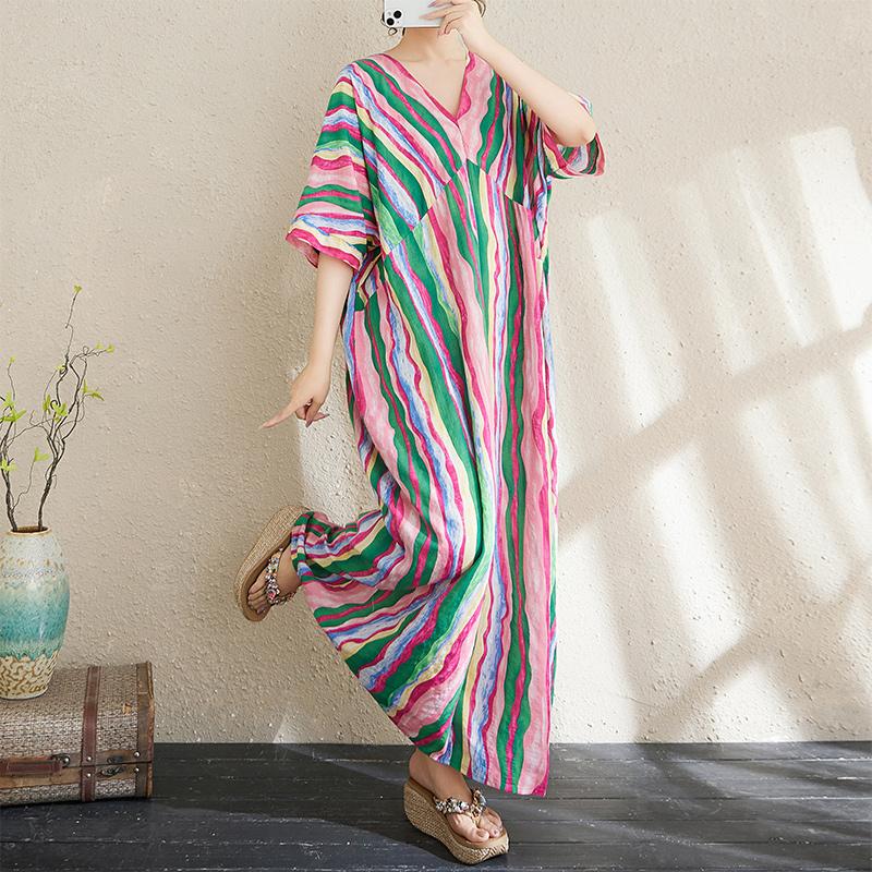 

DIMANAF Women New 2025 Basic Plus Size Summer Dress Casual Linen Short Sleeve Dress Stripe Loose Dress One Size розовый