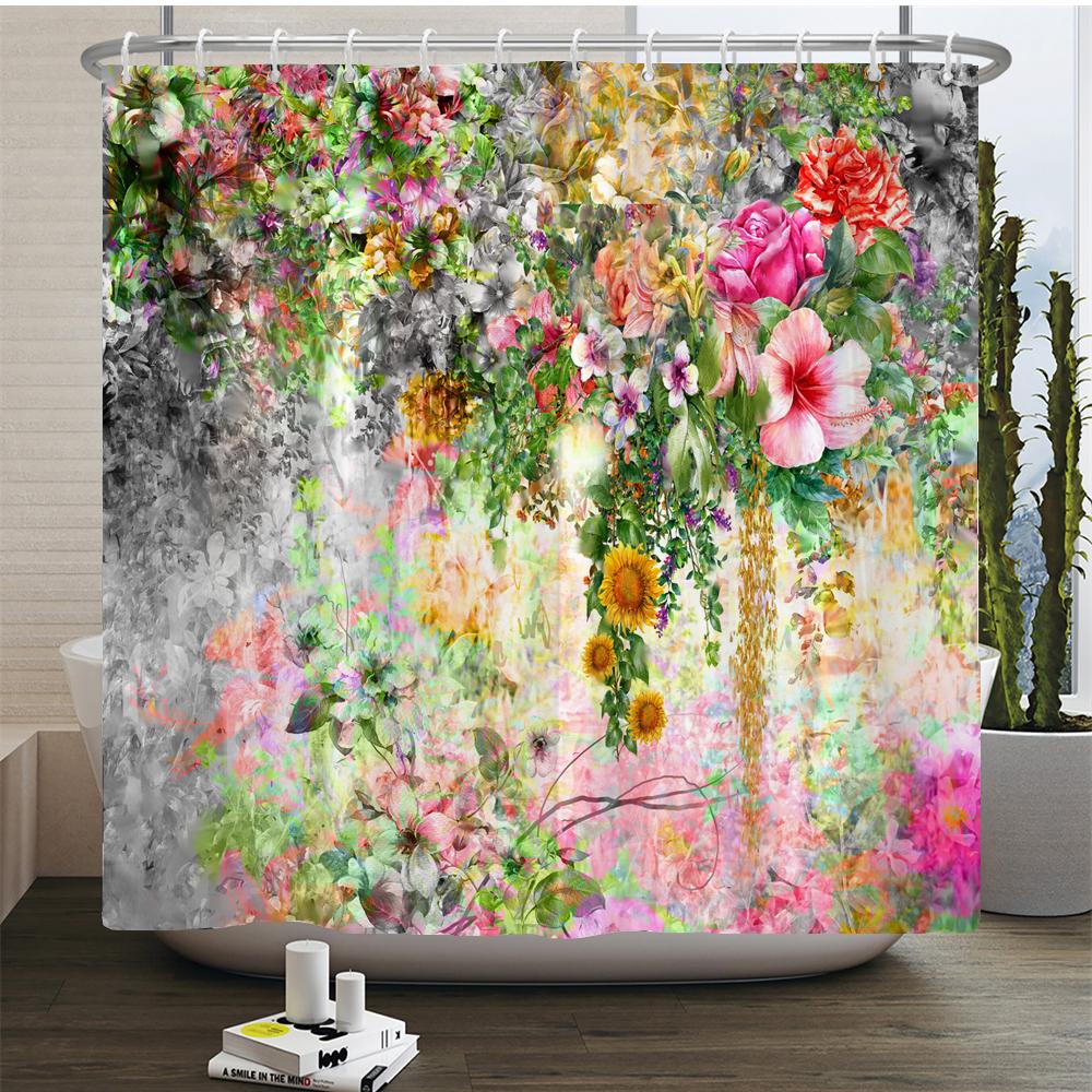 Butterfly Red Roses And Flowers Print Shower Curtain Set Anti-Slip Rugs Toilet Lid Cover Bath Mat  Bathroom Curtains Decoration
