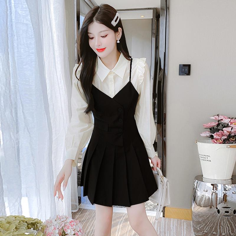 

French Retro Long-Sleeve Two-Piece A-Line Dress - Petite Women s Spring Fashion L [55-60 kg] чорний