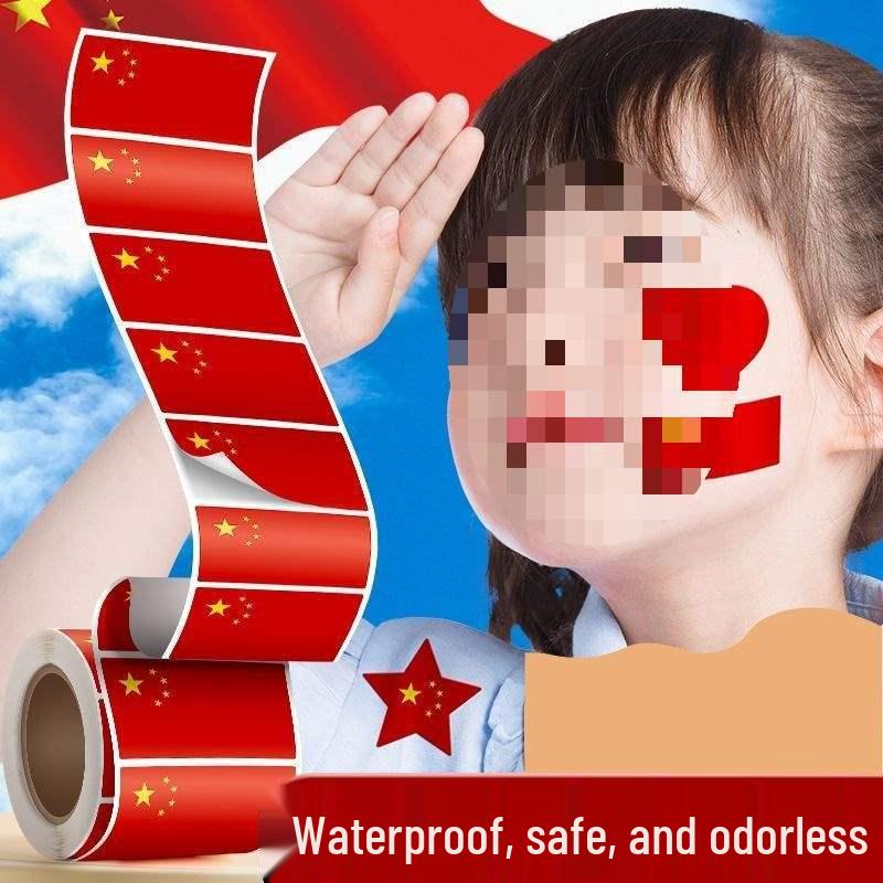 Waterproof Heart-Shaped National Flag Stickers for Kids - Five-Star Red Flag Face Stickers for National Day