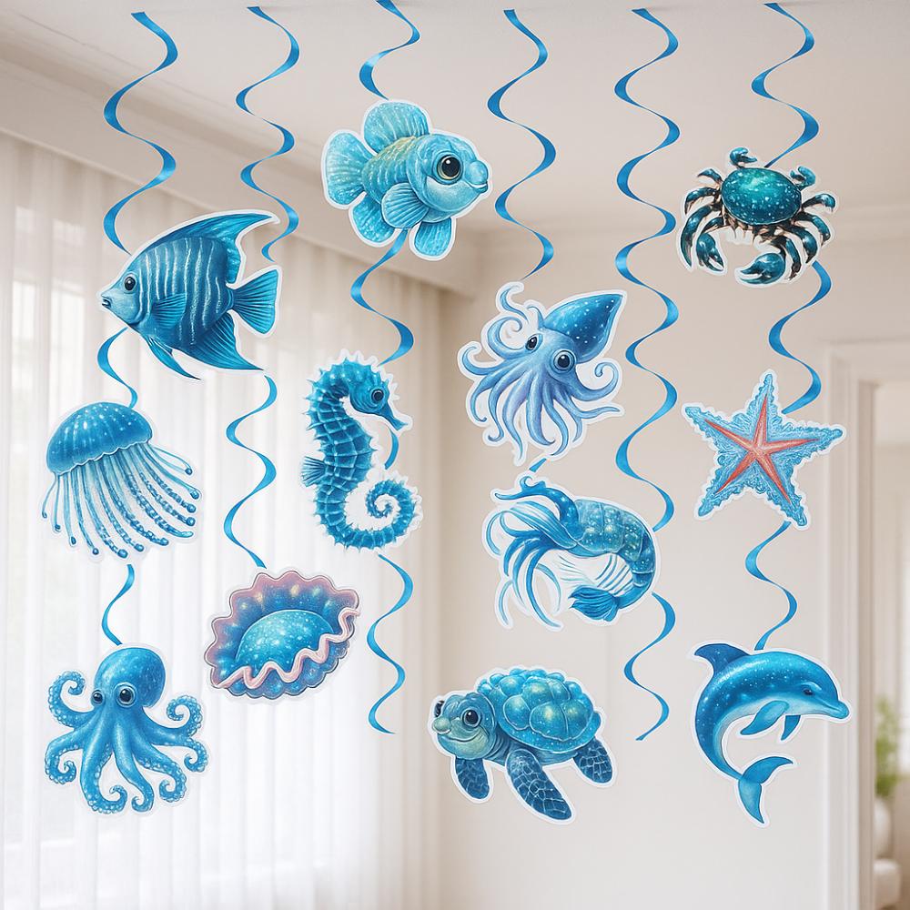 12pcs Paper Hawaiian Spiral Hanging Tag Waterproof Ocean Theme Pendant  Party Favors