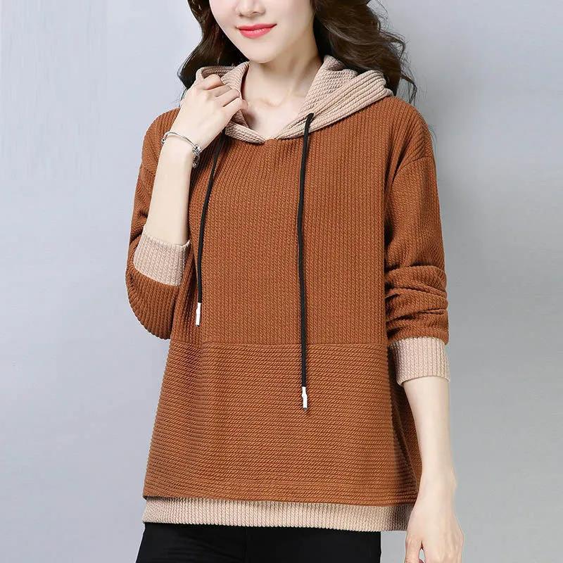 Spring  Women Sweater Pullover  Fashion Color Blocked Hooded Long Sleeved Knitted Sweater   Tops