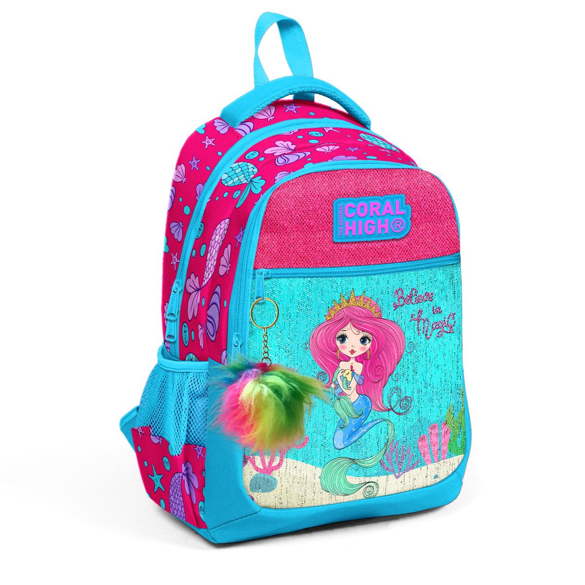 

Школьный рюкзак Coral High Kids, синий, розовый, с рисунком русалки, с тремя отделениями, 23476