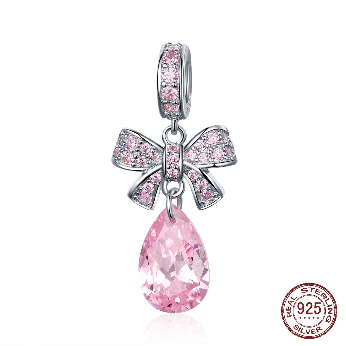 

925 Стерлинг Серебряный розовый Bowknot Droplet Crystal Charms подвеска подходят цепи ожерелья ювелирные изделия Валентина подарок