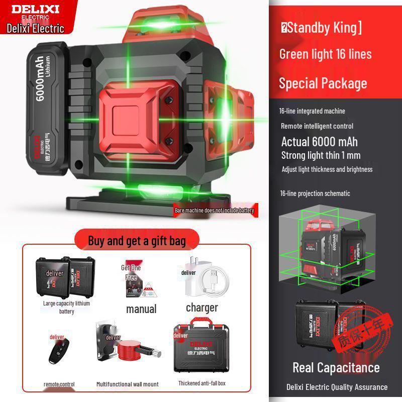 DELIXI Green Laser Level - 12 Lines, High Precision, Wall and Floor Mount, with Blue Light for Outdoor Use