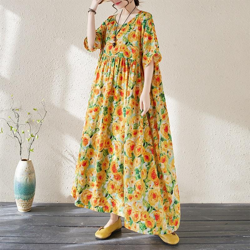 Κοντό μανίκι Plus μέγεθος Βαμβακερό Vintage Floral Νέο σε Φορέματα για Γυναικεία Casual Loose Long Summer