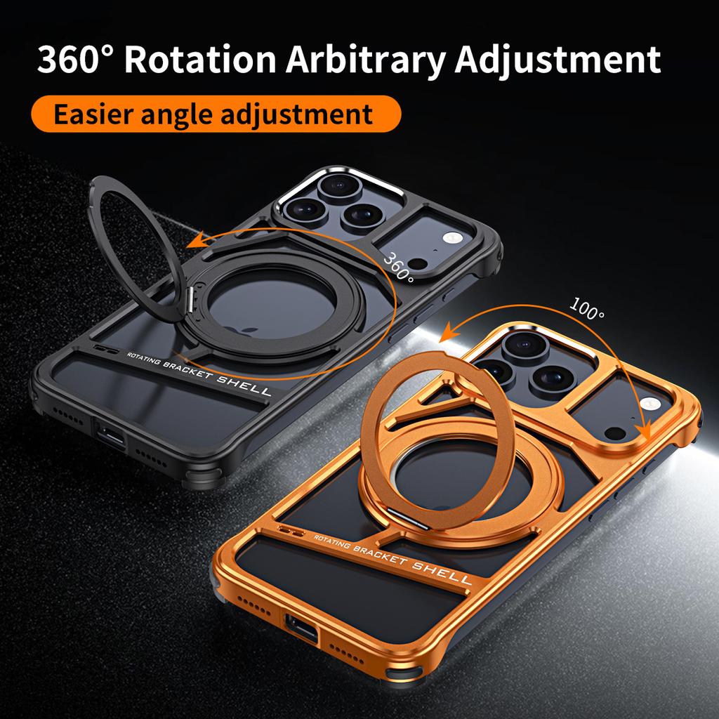 Orange Aluminium Alloy Metal Case For iPhone 17 Pro Max 16 15 14 Rotation Bracket Hollow Out Magnetic Metal Shockproof Cover