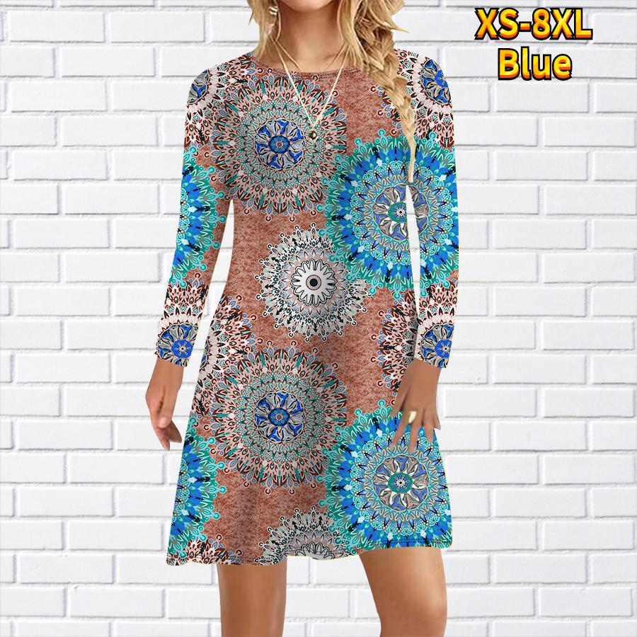 

Женское повседневное платье с принтом «Калейдоскоп» Платья для женщин с круглым вырезом и коротким рукавом Платье размера плюс M синий