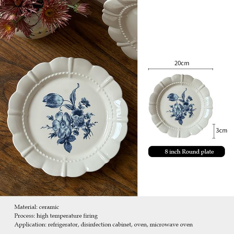 

Плоская керамическая тарелка в среднем французском стиле, элегантная голубая десертная тарелка с цветком, набор столовых приборов, винтажный букет, керамическая обеденная тарелка