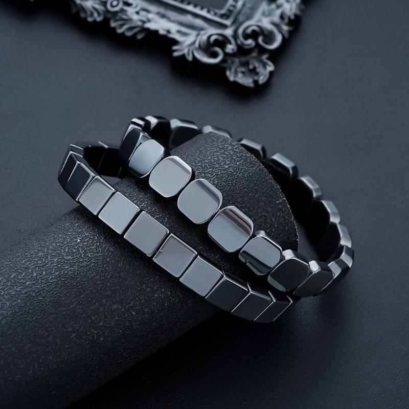 Elastic Hematite Bead Bracelet Square Pattern Natural Black Stone Wristband Comfortable Unisex Wear Daily Accessory