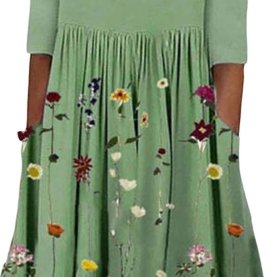 Damen Sommer Fließendes Midi-Kleid Boho Floral Plissiertes Kleid mit Taschen Lässig Halbarm Rundhals Schwingkleid
