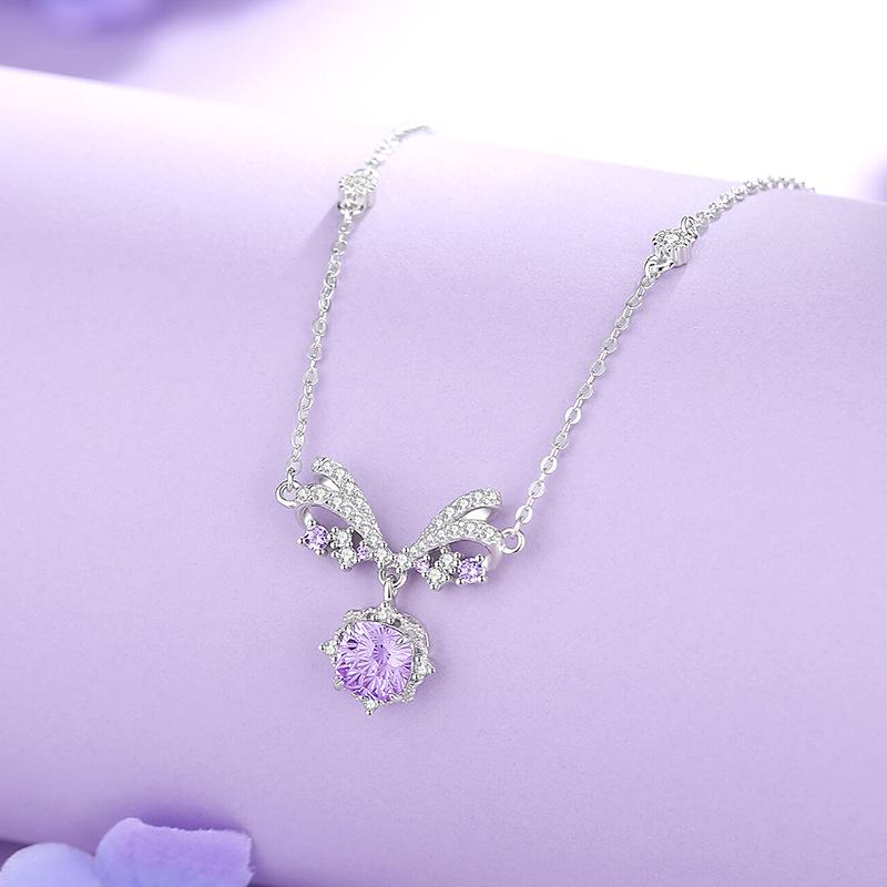 Original Star Bow Princess Necklace Women's Sterling Silver Fashion OL Style Light Luxury Fireworks Cut Purple Zircon Collarbone Chain