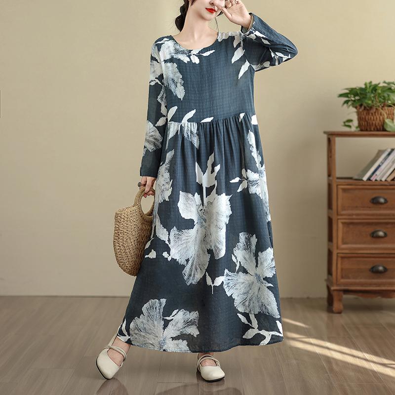 DIMANAF New 2025 Women Plus Size Spring Long Dress Loose Basic Vintage Oversize Long Sleeve Maxi Floral