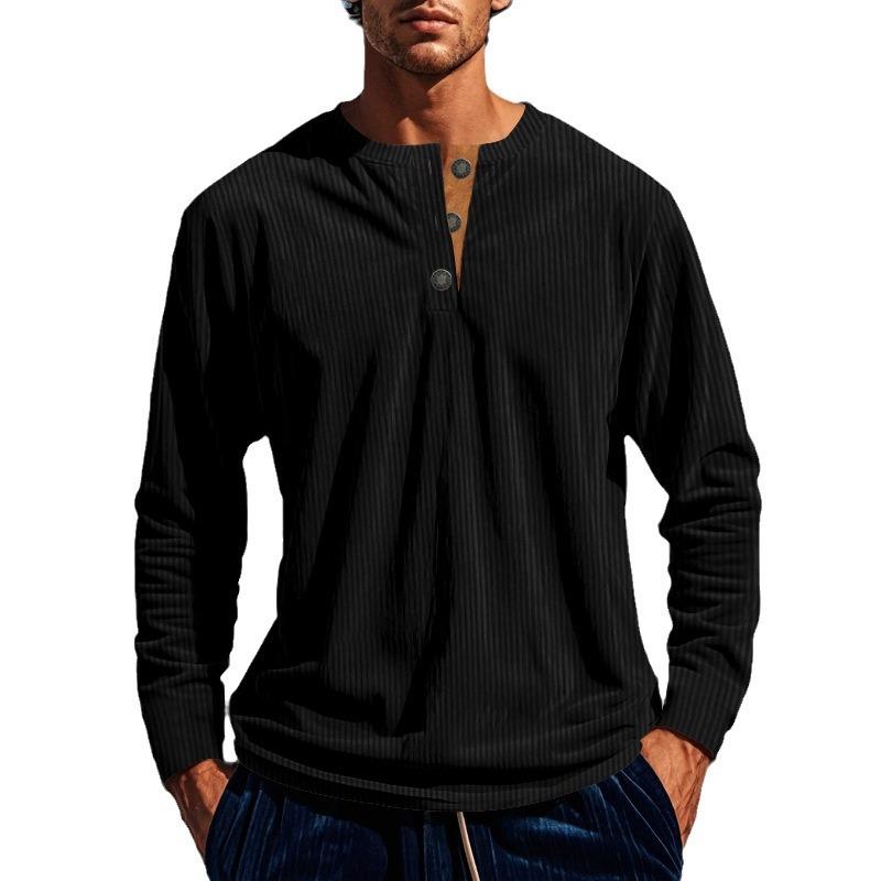 Neues Herren T-Shirt Langarm Basis Vier Knopf Cord Slim Herrenhemd