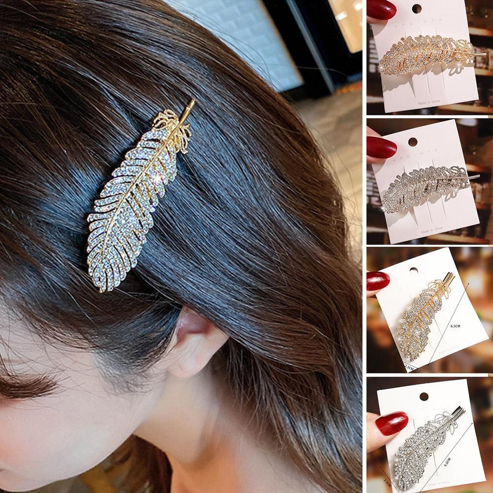 Cheap Women Feather Rhinestone Hair Clips 2021 Alloy Metal Hairgrips