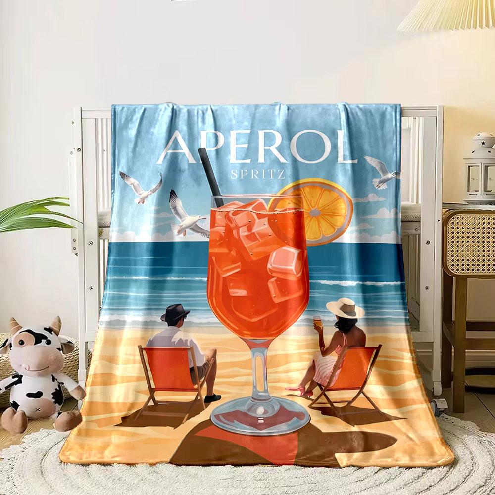 

A vibrant Aperol Spritz with beach chairs, ocean, and seagulls. for all seasons blanket lunch break throw gift 80cm x 120cm