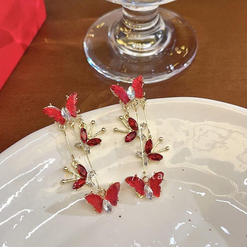 Elegant Red Zircon Butterfly Drop Earrings For Women Temperament Sweet Metal Bow Earrings Fashion Girls Jewelry Accessories