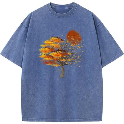 Outdoor Colorful Tree Men/Women Washed T-Shirt Cotton Funny Bleached Tshirt Retro Hip Hop Bleach T Shirt