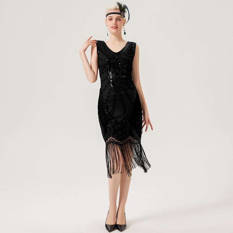 1920s Retro Sequin Tassel Plus Size Black Dress, V-Neck Party/Banquet Wear M