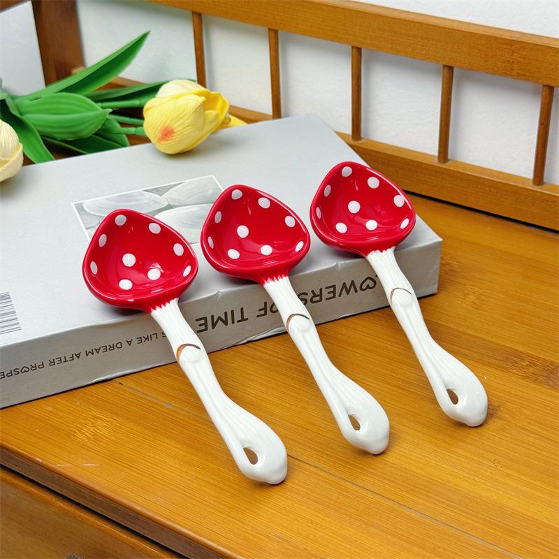 Cute Mushroom Ceramic Spoon, Tableware Dessert Spoon, Long Handle Spoon, Creative High-value Household Small Spoon, Yogurt Spoon