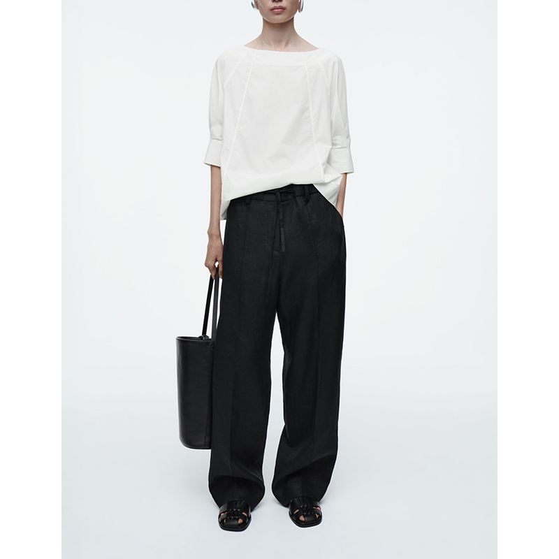 CS Summer New Product Women's Clothes Idle Style Curved Hem Standard Version Boat Collar Cotton Shirt 1274060