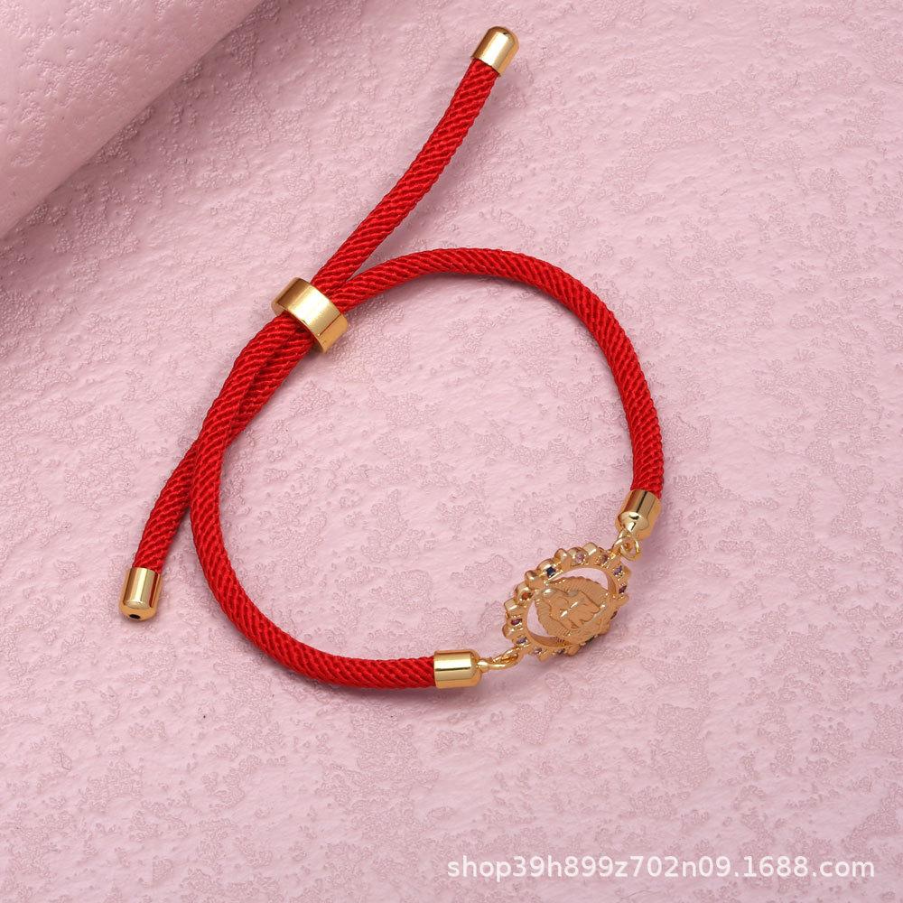 Micro-Paved Colored Zircon Madonna Bracelet with Gold-Plated Copper, Adjustable Cotton Cord.