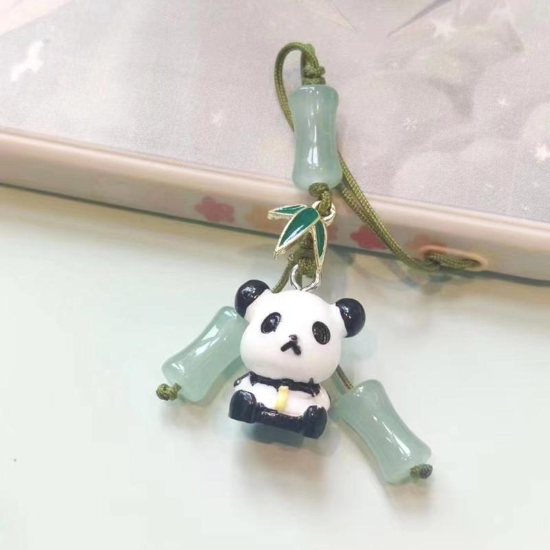Stylish Cyan Pandas/Fan Phone Lanyard Trendy Han Costume Pendants Fashion Bamboo Joint Phone Charm Straps Ornaments