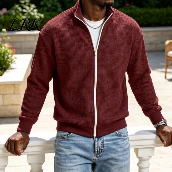 Klassischer Amerikanischer Stil Herren Außenbekleidung Waffelstrick Reißverschluss Jacke, Langarm Umlegekragen Moderne Truckerjacke Lässiger Cardigan Sweatshirt,