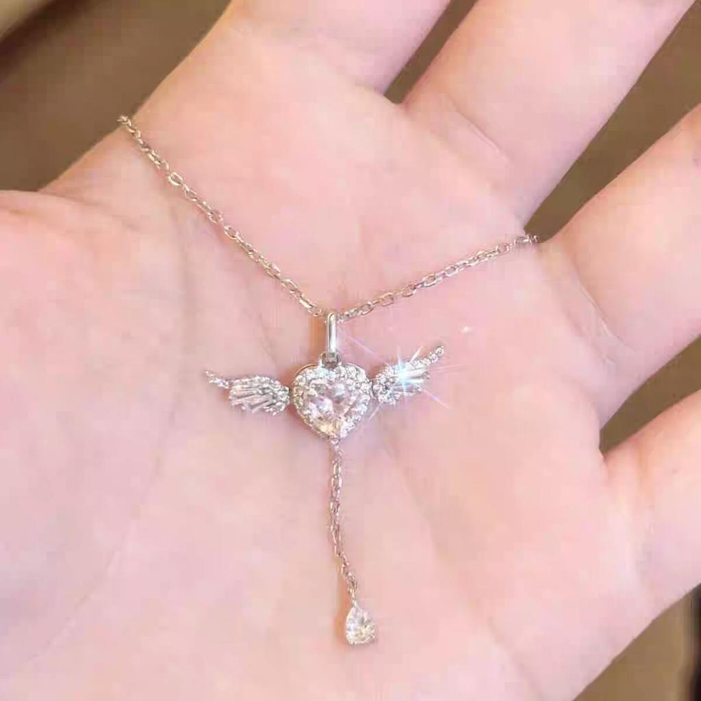 Summer New Heart Tassel Necklace Pink Crystal Pendant Wing Jewelry for Women