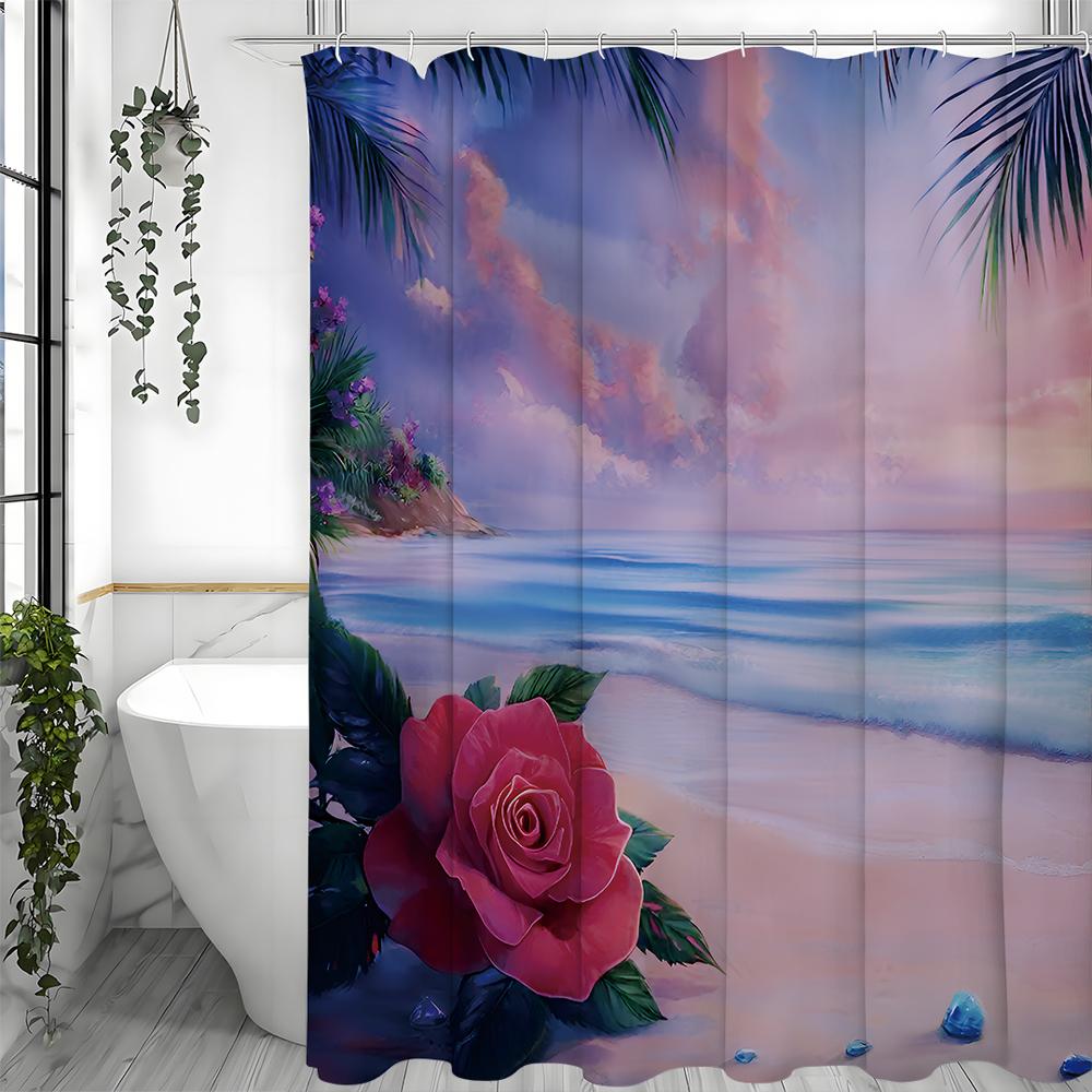 Purple Ocean Beach Romantic Rose Shower Curtain, Bathroom Decorative Shower Curtain, Waterproof Shower Curtain with Hooks