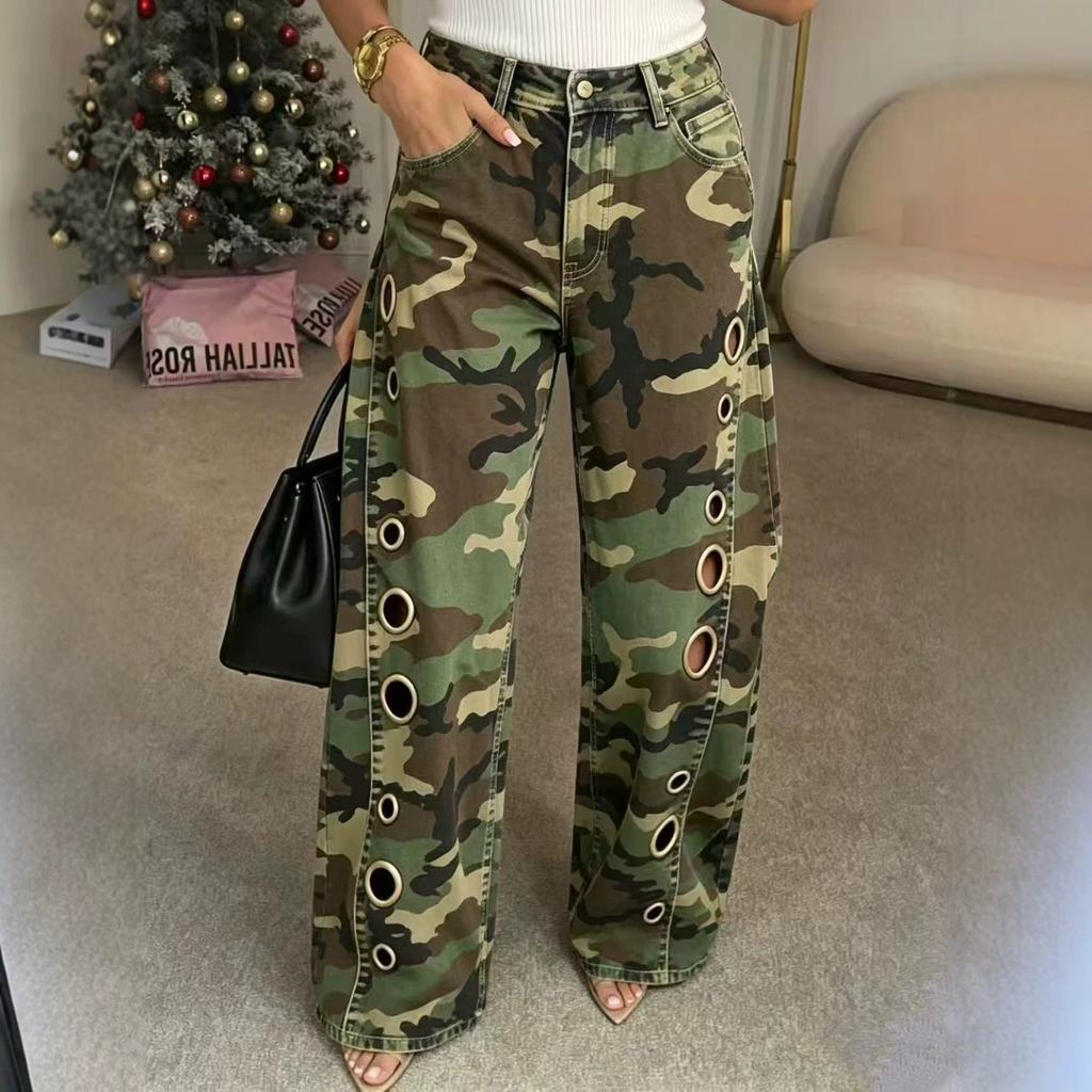 Damen Mid Rise Weite Beine Jeans Camouflage Print Ausgeschnitten Ösen Locker Denim Hose Lässige Streetwear Hosen