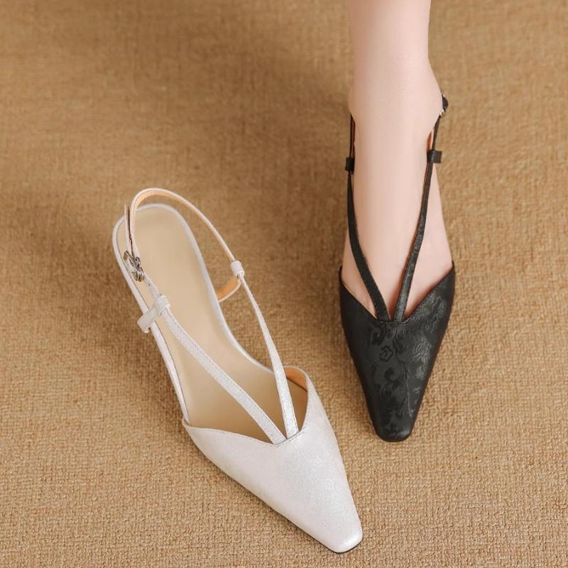 Fashion Pointed High Heels Women's Summer Baotou Shallow Mouth Set Foot Fabric Metal Buckle A Word Belt Wear-resistant High Heels