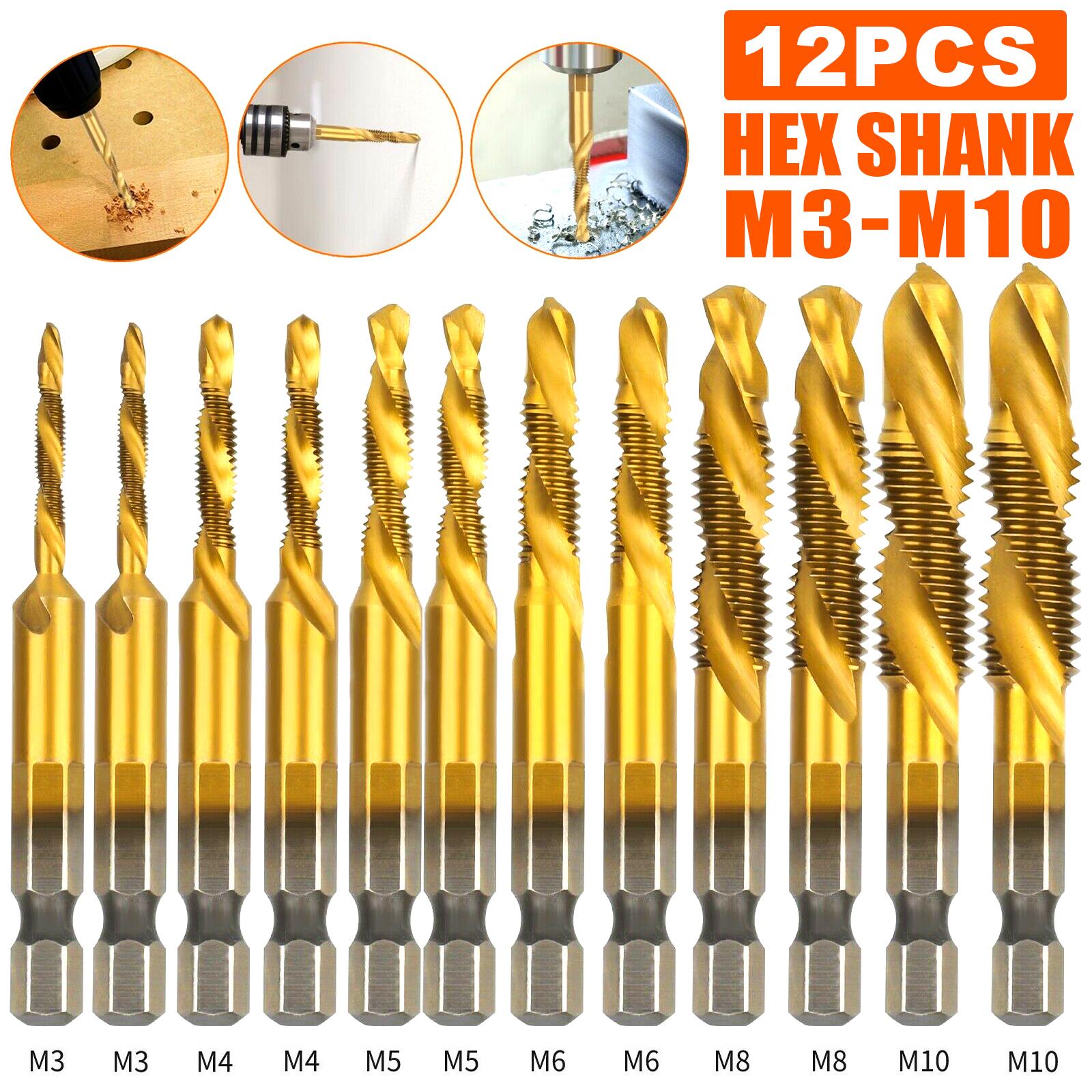 

6X 1/4 HSS шестигранный хвостовик, метрические титановые комбинированные сверла, набор спиральных метчиков 12pcs