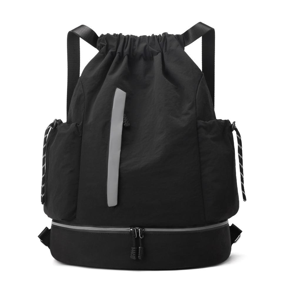 

Легкая спортивная сумка на шнурке со светоотражающей полосой Водонепроницаемый походный рюкзак Разделение сухого и мокрого Регулируемые лямки чёрный