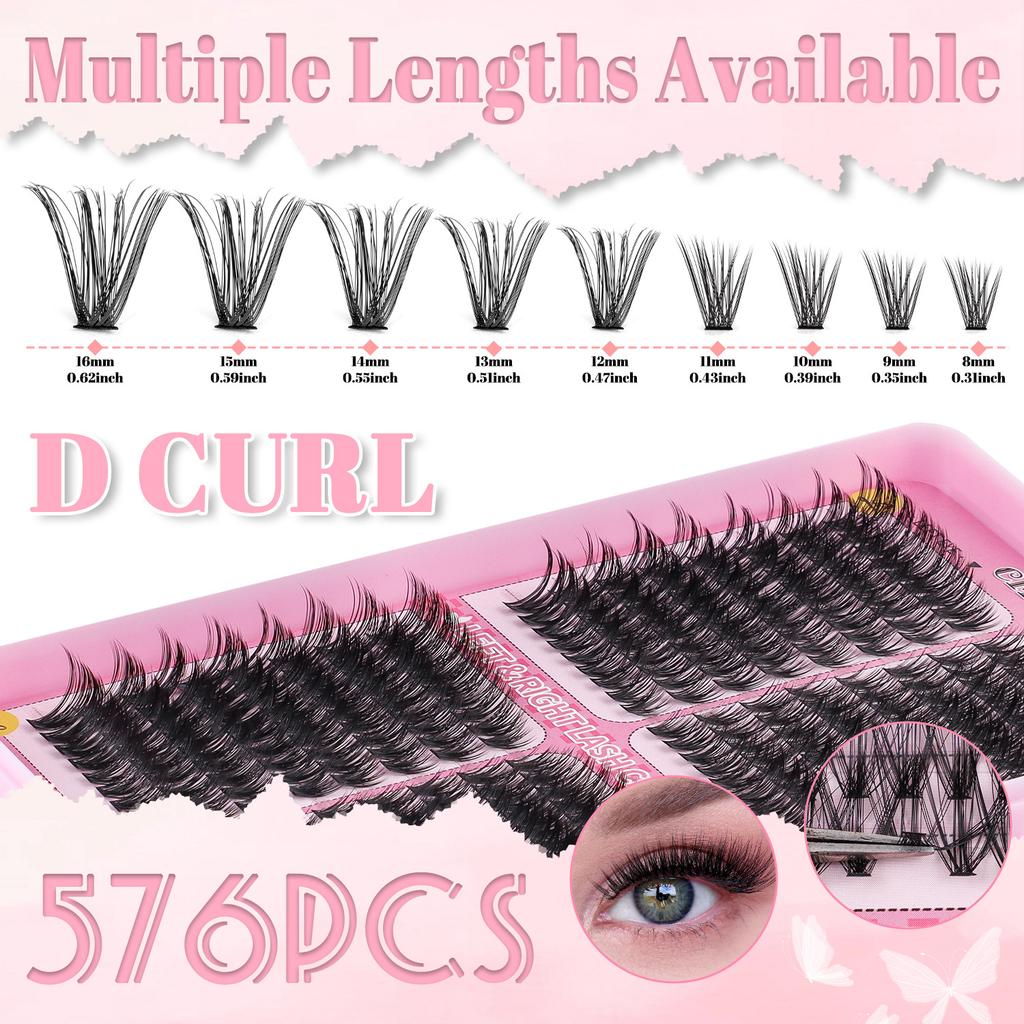 576 Clusters Of Single-Cluster False Eyelashes 8-16Mmdiy Segmented Natural Dense D-Curve Self-Grafting