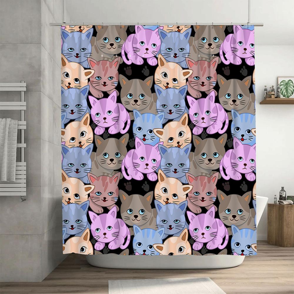 Adorable Cat Pattern Shower Curtain 3D Printed Polyester Fabric Customizable Designs For Bathrooms High-Quality Decorative Item