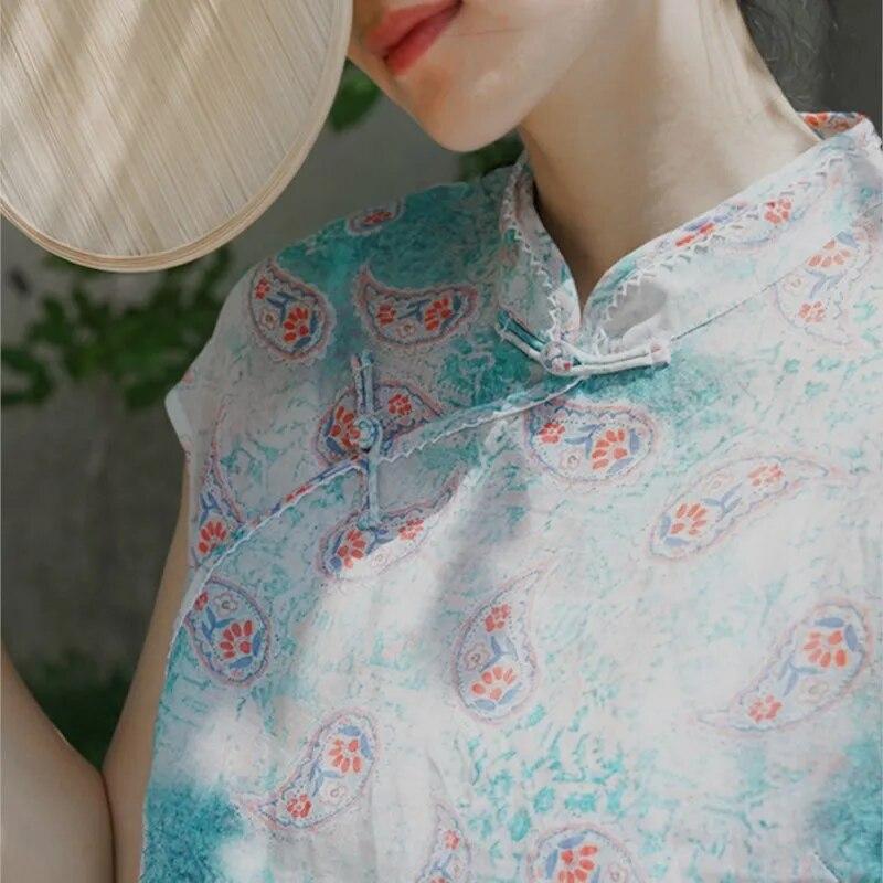 Johnature Women Chinese Style Dress Stand Short Sleeve Print Floral Summer A-Line Vintage Button Dress